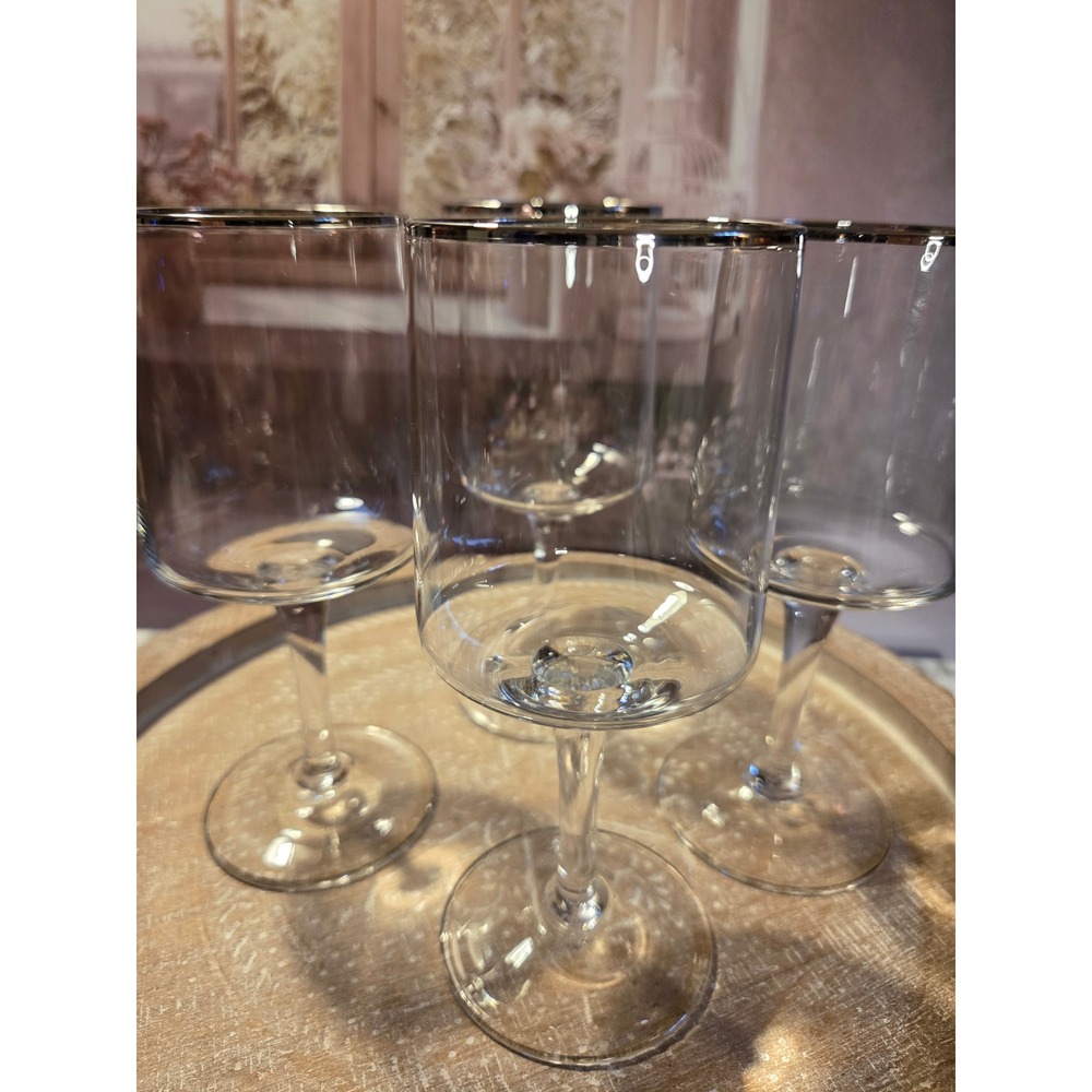 4 Platinum Silver Rimmed Straight Sided Wine Glasses‎ Modern Clear Stemware